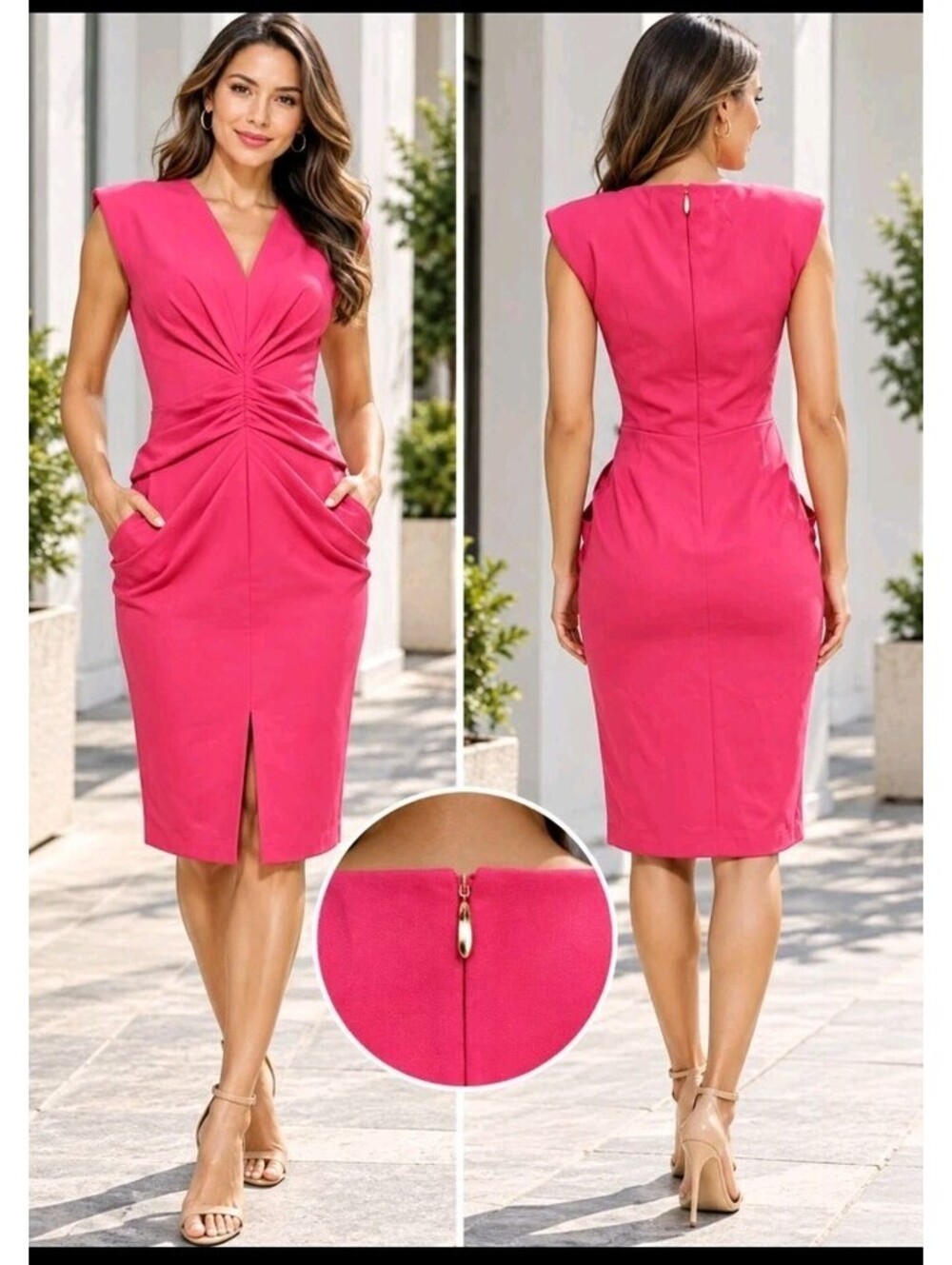 Donna Karan New York Women's V-Neck Ruched Sheath Size 4 Dress Pink NWT $139  #C